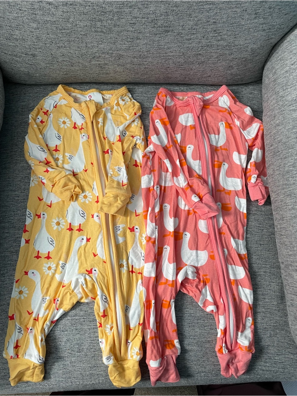 Goose Print Baby Zip Rompers - Yellow & Pink